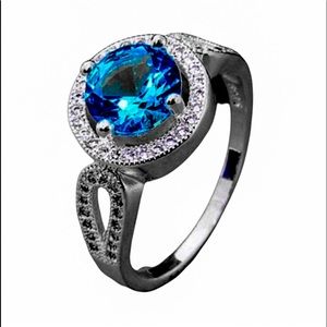 New S925 Sterling Silver Round Aqua Topaz & White Topaz Infinity Ring